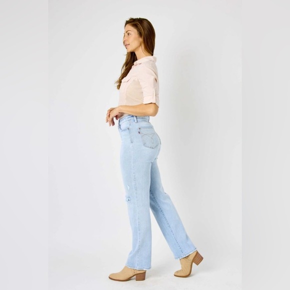 Judy Blue Back Rip 90'S STRAIGHT Light Wash Women’s Sz 7/28 Distressed High Rise - Picture 4 of 11